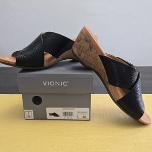 Vionic Black Modern Cork Wedge Sandals